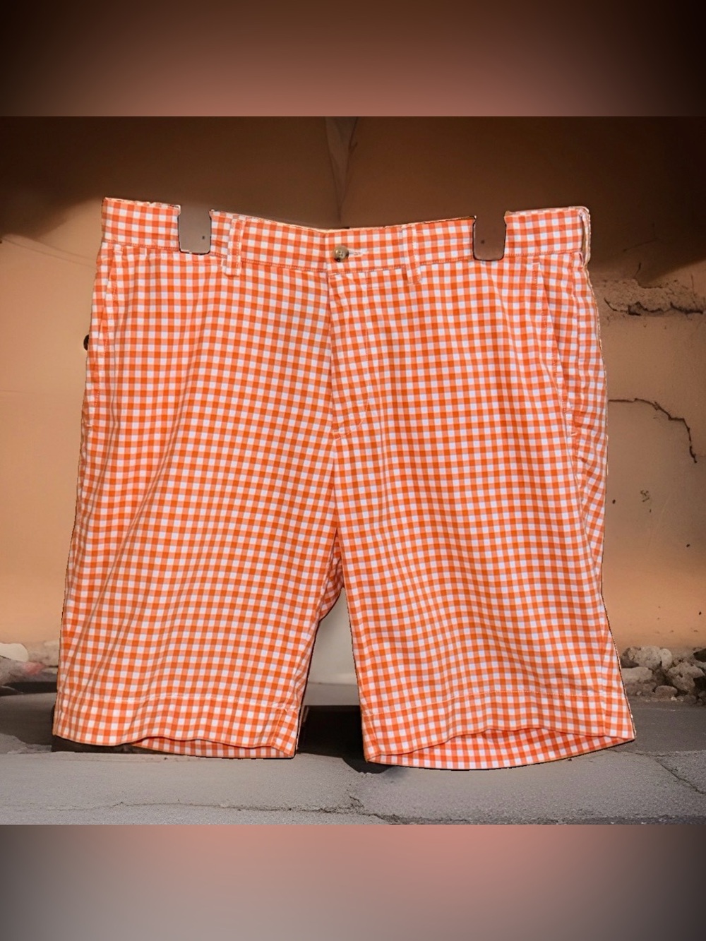 Polo by Ralph Lauren Orange and White Gingham Flat-Front Shorts